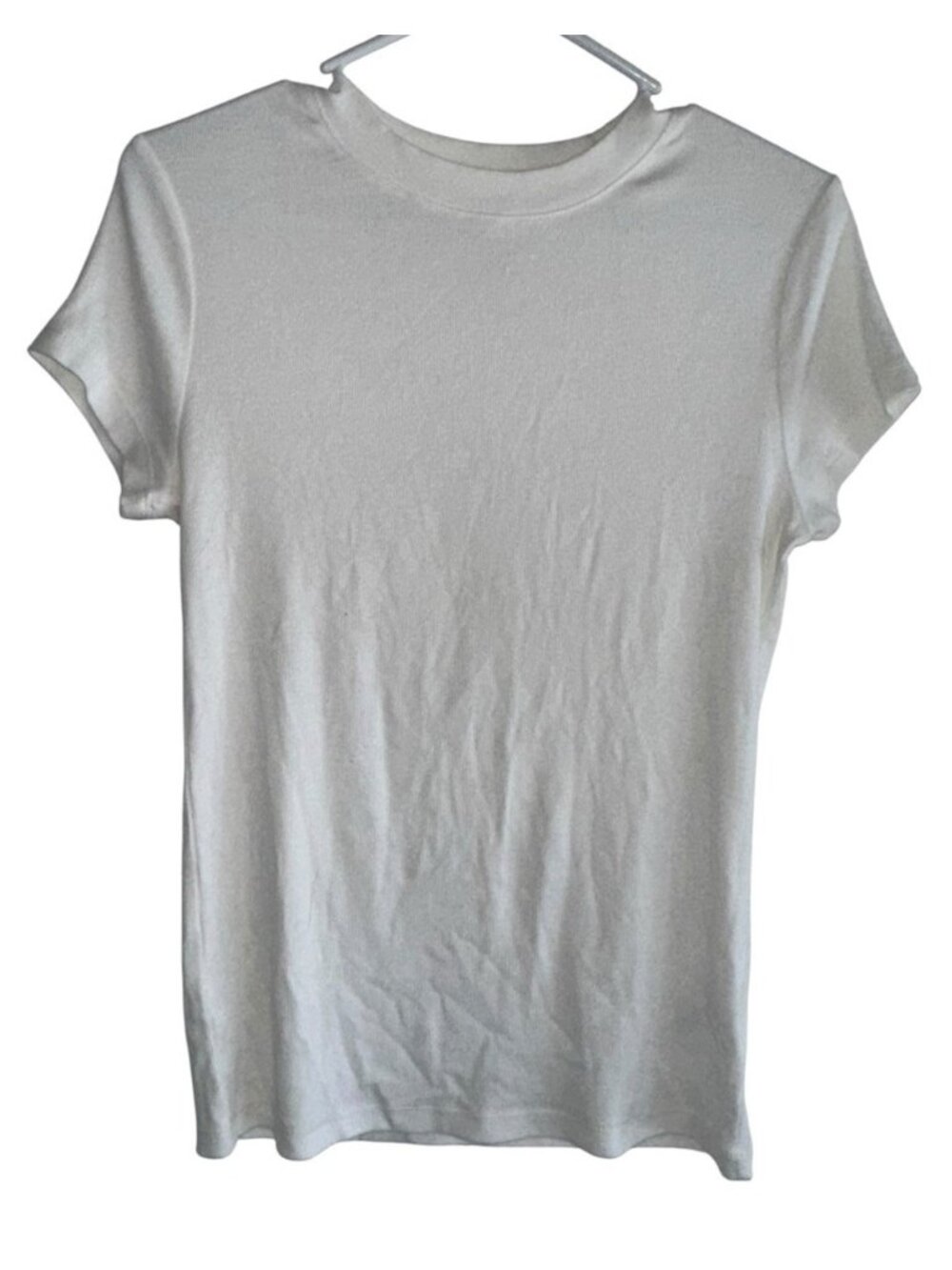 A New Day Women Mock Neck Ribbed Top Sz M White Fitted S/S Minimalist Capsule